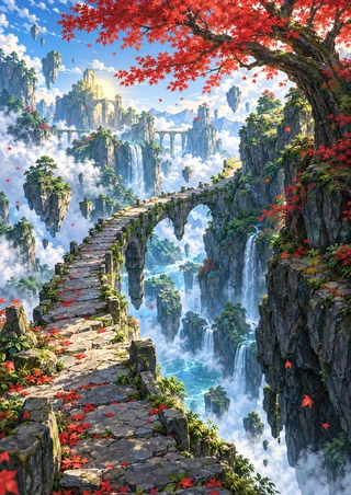 Curving stone bridge path above a misty waterfall ravine, framed by a vivid red-leaved tree and distant cliffs.