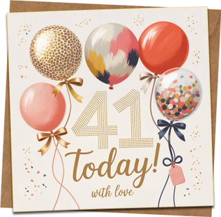 41st Birthday Card – Balloon Balloons Design – 145mm x 145mm Square – With Kraft Envelope – Happy 41 Today Greeting Card for Him or Her, With Love