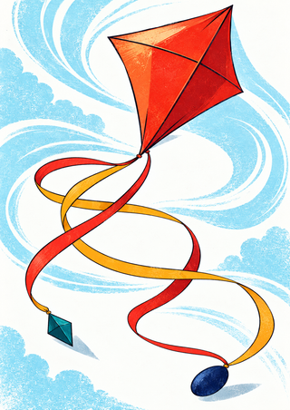 Faceted vermilion kite with broad curling red and orange-yellow tails, teal diamond, and indigo oval against pale-blue wind shapes.