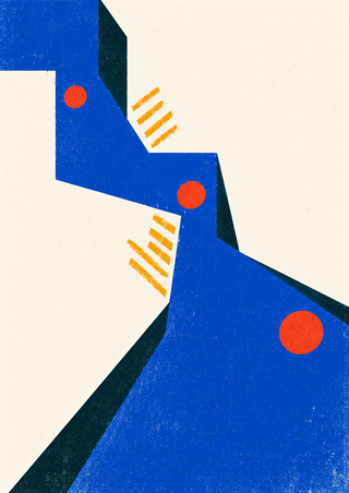 Abstract poster showing a stepped cobalt channel winding past three vermilion discs with saffron marks and teal shadows on warm white.