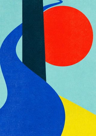 Abstract portrait artwork of a vermilion disk overlapped by a dark teal slab and a cobalt ribbon against pale aqua, with a yellow wedge at lower right.