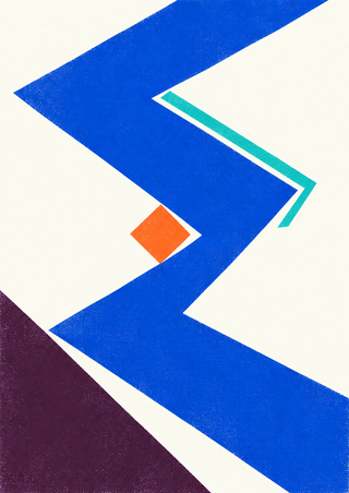 Cobalt zigzag with a tangerine diamond and turquoise accent over warm off-white, anchored by a plum corner.