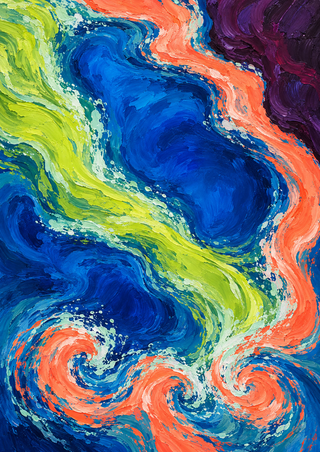 Abstract cobalt pool crossed by a broad chartreuse current, with coral streams curling into lower eddies and a plum corner.