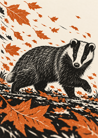 Black-and-cream badger with a striped face stepping through burnt-orange autumn leaves across dark ground.