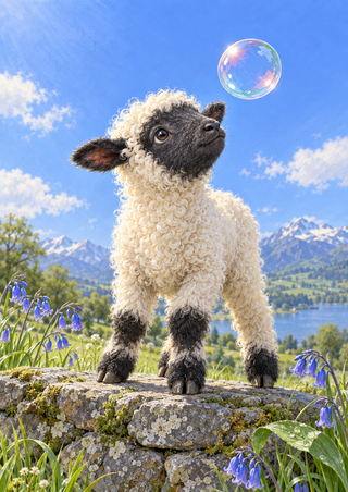 Curly white lamb with a dark face looking up at an iridescent soap bubble above a stone ledge, framed by bluebells and a mountain lake.