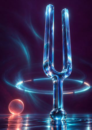 Translucent electric-blue tuning fork with a glowing ring and coral sphere against a reflective deep-plum background.