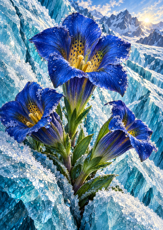 Three blue, golden-throated flowers among frost-covered blue ice, with snowy peaks and sunlight in the distance.
