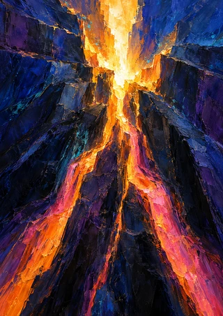 Bright gold-white fissure splitting angular dark blue-violet planes, with orange and pink light bands.