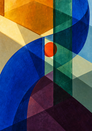 Abstract geometric arrangement with a cobalt arc, overlapping jade and teal planes, a central vermilion circle, amber blocks, and a dark plum wedge.
