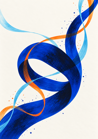Dark ultramarine ribbon forms a central loop with orange and pale-cyan crossings and small ink-like flecks on warm white.