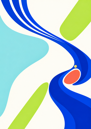 Layered ultramarine and cobalt bands curve around a coral oval, with lime and turquoise shapes and a small gold dot on warm white.