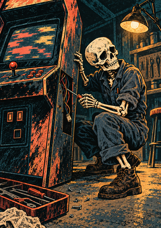 A crouching skeleton in dark work clothes uses a tool to repair an open arcade cabinet under an amber work lamp, with tools and screws below.