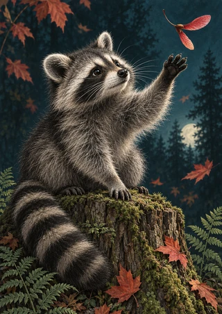 Raccoon perched on a mossy stump reaching toward a red winged seed in a moonlit forest, with ferns and autumn leaves.