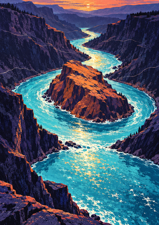 Turquoise river winding around a copper-orange island through dark canyon walls beneath a coral sunset.