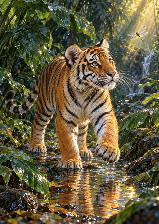 Young tiger steps through wet tropical foliage toward a small hovering dragonfly, above a sunlit reflective puddle.