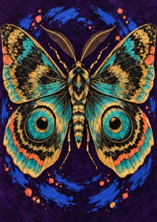 Symmetrical moth viewed from above, with turquoise and gold eyespots on dark violet, surrounded by cobalt brush marks and coral dots.