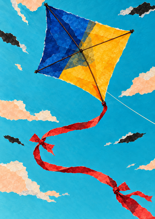 Angular blue-and-yellow kite with a long curling red tail and ribbon knots against an aqua sky with pale peach and black paper-like clouds.