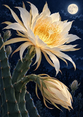Cream cactus flower with a glowing golden center and hanging buds on a spiny cactus beneath a full moon in a dark blue sky.