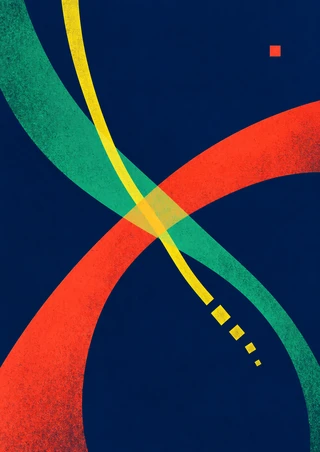 Abstract graphic with sweeping green and vermilion bands crossing on navy, a broken yellow line with square fragments, and a small coral square.