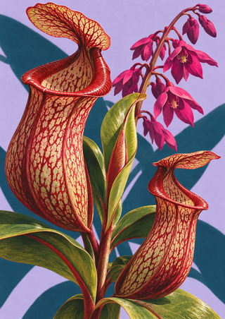 Botanical illustration of two red-veined pitcher plant traps among broad green leaves, with fuchsia blossoms and dark teal shadows on lavender.