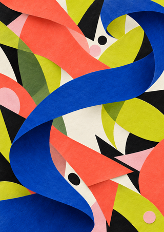A broad cobalt-blue ribbon curls through dense coral, chartreuse, black, pale-pink, and off-white geometric shapes in a textured collage.