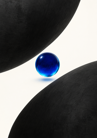 Reflective cobalt-blue sphere between two sweeping black forms on a warm-white background.