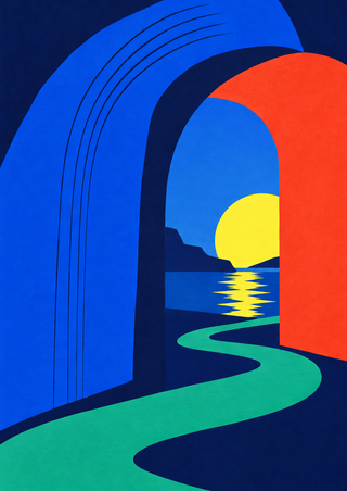 Cobalt arch and vermilion doorway-like form frame a yellow sun, distant landform, water, and winding jade path.
