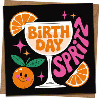 Birthday Spritz Cocktail Greeting Card - Fun Retro Orange Illustration, Black Background - 145mm x 145mm Square - Includes Kraft Envelope - Funny Happy Birthday Card for Adults Friends