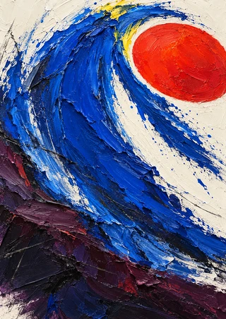 Textured cobalt-blue brushstroke curling around a vermilion oval on warm white, with dark plum shapes along the bottom.