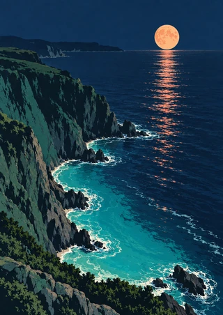 Dark coastal headland curves around a turquoise inlet beneath a low apricot moon and its coral reflection on the sea.