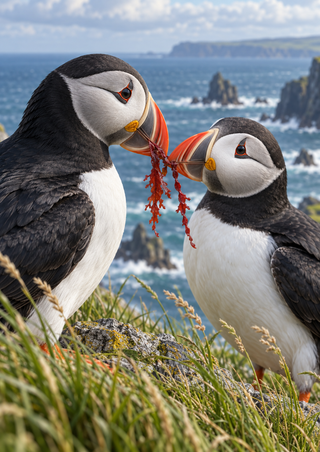 Two puffins with colorful beaks share a dangling red strand on a grassy rocky coast above the ocean.