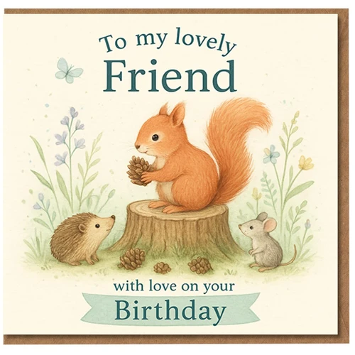 Friend Birthday Card - To My Lovely Friend, With Love On Your Birthday - Cute Woodland Squirrel, Hedgehog and Mouse Design
