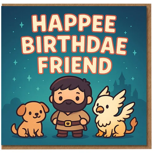 Happee Birthdae Friend Birthday Card - Cute Magical Creatures Cartoon - Funny Friend Card with Puppy and Griffin