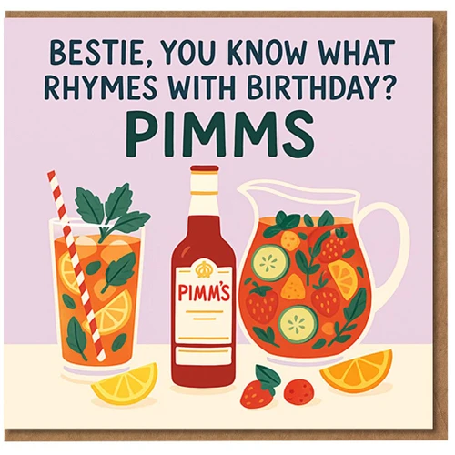 Funny Bestie Birthday Card - You Know What Rhymes With Birthday? - Cocktail Jug & Fruit Illustration - For Best Friend