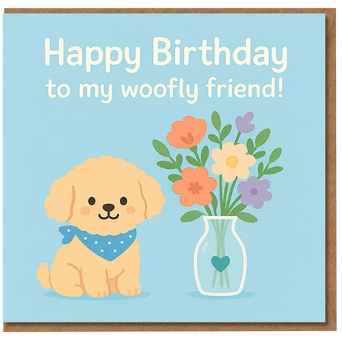 Cute Dog Birthday Card for Friend - 'Happy Birthday to My Woofly Friend' Puppy with Flowers, Pun Card for Dog Lovers
