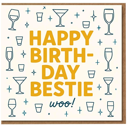 Happy Birthday Bestie Woo Card - Fun Best Friend Birthday Card with Cocktail and Champagne Glasses and Sparkles, Cheerful Party Design