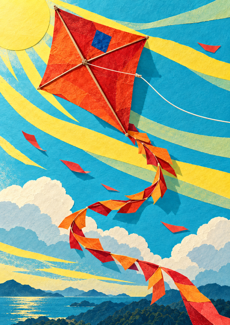Large tilted red-orange kite with a blue patch and long tail flying over a turquoise and yellow sky, clouds, water, and wooded shore.