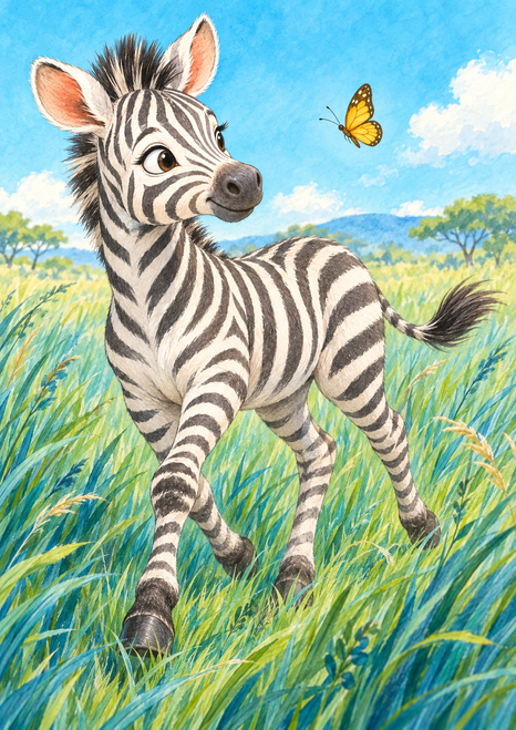 A young zebra turns toward a yellow-orange butterfly above tall blue-green grasses, with a bright sky and distant trees.