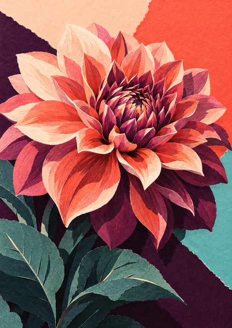 Large layered coral, peach, and plum flower with dark teal leaves against graphic plum, coral, peach, and turquoise fields.