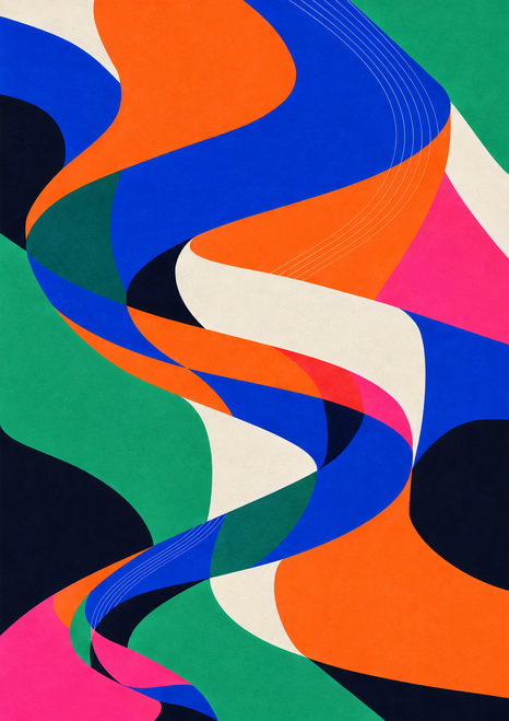 Abstract portrait artwork with sweeping overlapping ultramarine, orange, jade, pink, cream, and dark blue shapes traced by fine curved lines.