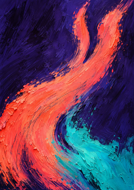 Abstract poster showing a broad coral stroke splitting into two prongs across a dark violet field, with turquoise along its lower curve.