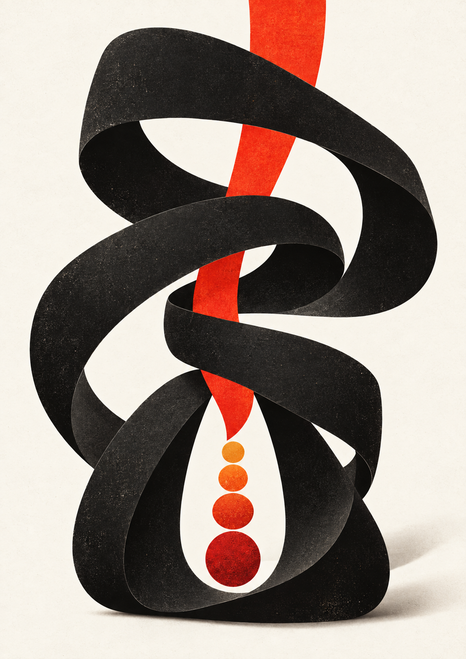 Black looping ribbon-like sculpture around a vermilion vertical strip, with four orange-red discs on warm off-white.