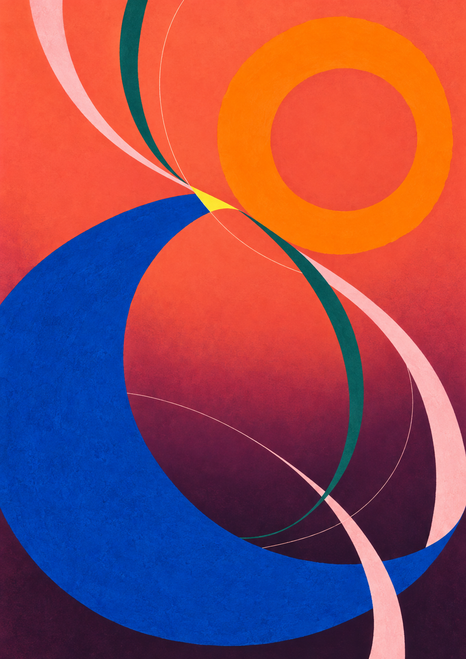 Cobalt crescent and tangerine ring crossed by pale pink and dark teal arcs, with a yellow accent on a coral-to-plum background.