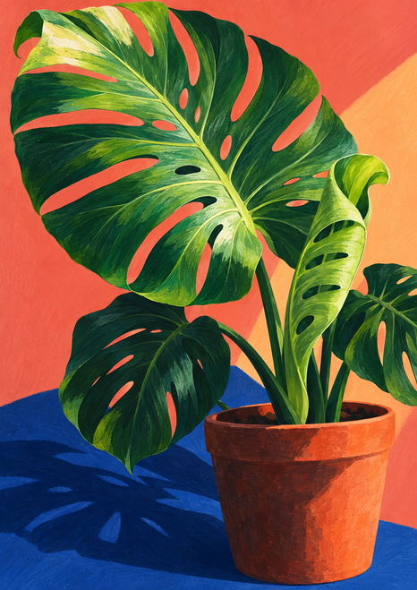 Large green split-leaf philodendron with a curled new leaf in a terracotta-colored pot against a coral background and blue shadow.