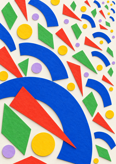 Bright cut-paper-style abstract pattern with cobalt arcs, red-orange wedges, green shapes, yellow disks, and lilac circles.