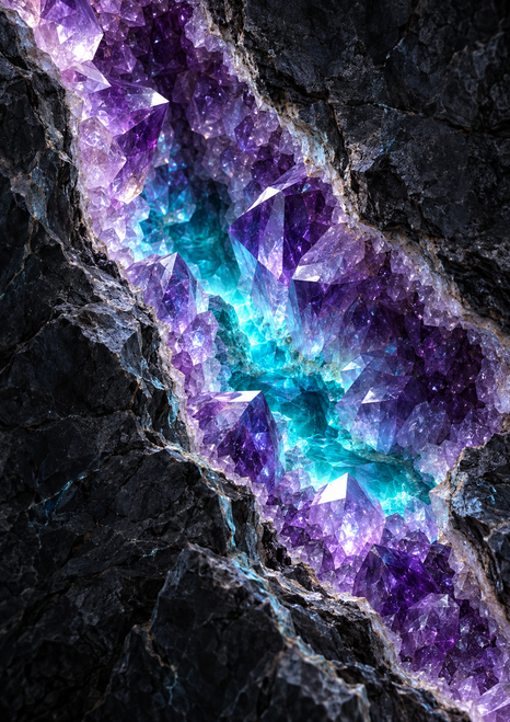 Bright violet crystals and a turquoise glow inside a jagged dark rock opening.