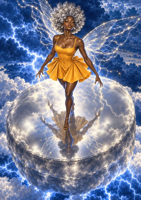 Silver-haired fairy in a yellow dress with glowing transparent wings, standing on a reflective silver disc among blue storm clouds and lightning.