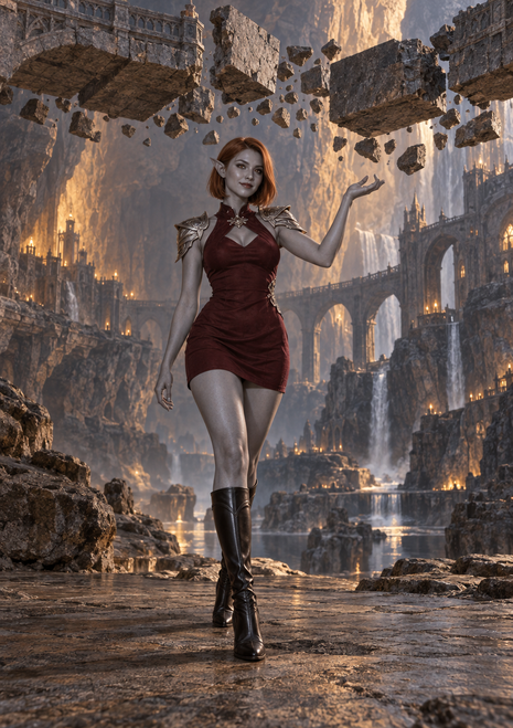 Copper-haired silver-skinned elf in a burgundy dress and black boots beneath floating bridge stones in a candlelit cavern.