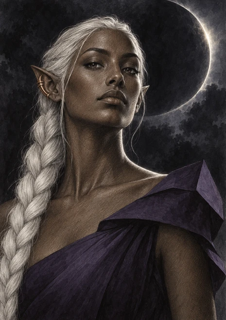 Close portrait of a white-braided elf in violet beneath a dark celestial disc with a pale luminous rim.