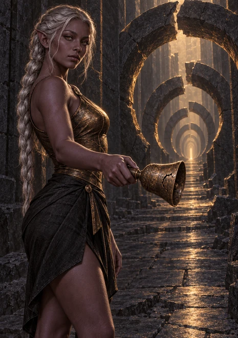 Silver-braided dark elf holding a cracked bronze bell in a stone passage lined with broken circular rings and distant golden light.